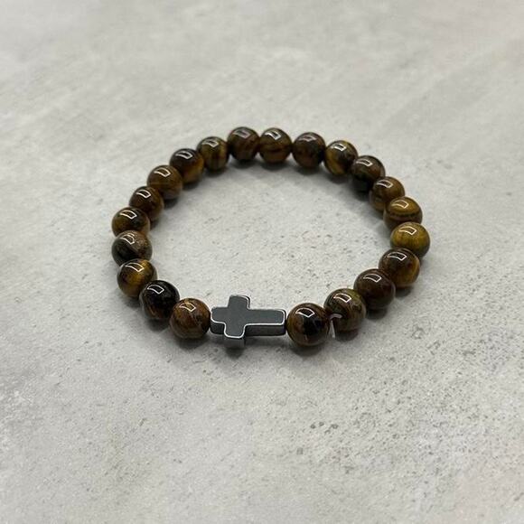 Y2k Tigers Eye Beaded Cross 2000s Style Bracelet - Picture 1 of 7